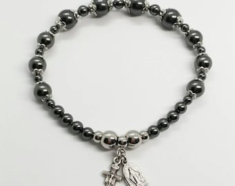 Women's Miraculous Medal San Damiano Crucifix Black Swarovski Pearls Rosary Stretch Bracelet Handmade Catholic Gifts