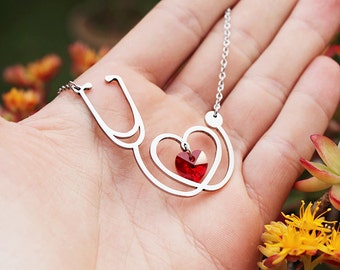 Stethoscope Necklace Stainless Steel Red Crystal Heart, Nurse Necklace, Medical Jewelry, Doctor Necklace, Medicine Graduation Gift