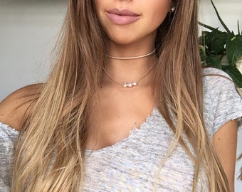 Pretty in Pink Three Pearl Choker, Pink Choker Necklace, Gift for her, Tan Leather Choker Necklace