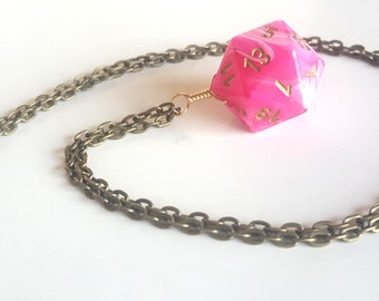 Dice Pendant Necklace - Pink D20 Twenty Sided Dice Jewelry - Geeky Gamer Jewelry