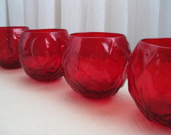 Set of Four Vintage Mid Century Driftwood Crinkle Red Roly Poly Glass Tumblers Seneca