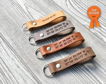 Custom Leather Keychain, Latitude longitude, 3 Year Anniversary, Coordinate, Gift for her, Personalized leather keychain, mens gift