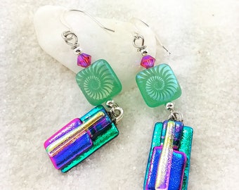 Dichroic glass earrings, fused glass jewelry, dichroic glass, fused glass art, earrings handmade, glass jewelry, green earrings, trending