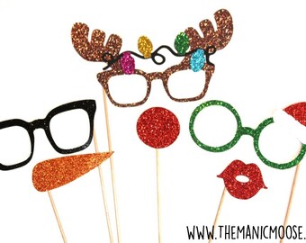 Christmas Photo Booth Props ~ 6 piece set ~ Santa's Helpers ~ GLITTER Photobooth Props