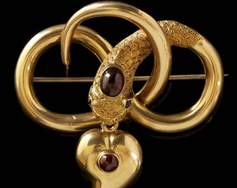 Antique Georgian 18ct Gold Garnet Snake Brooch Mourning Witches Heart