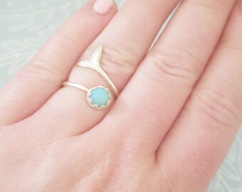 Sterling Silver Mermaid Ring for Girlfriend, Green Opal Mermaid Ring, Mermaid Jewelry Silver, Whale Tail Ring Mermaid Tail Ring