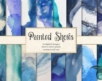 Painted Shores Digital Paper, blue and aqua ocean backgrounds, nautical digital paper, watercolor paint, ink textures, ocean scrapbook paper