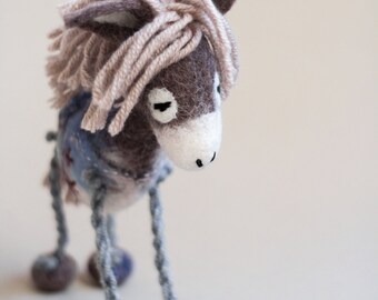 Felt Donkey - Chantal. Art Toy. Marionette Puppet Felted Stuffed plush soft toy Handmade nursery decor for kids. grey, pale pink, blue