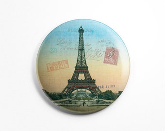 Button Magnet Paris Vintage - Paris Souvenir Eiffel Tower Old Postcard Fridge Round Magnet 56mm diameter Kitchen Decoration