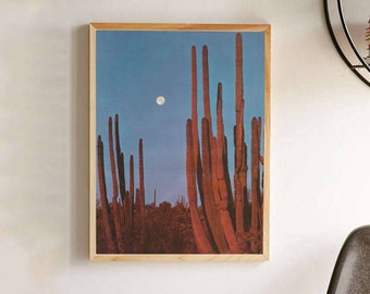 Vintage Arizona Desert Night Time Photograph Poster - Arizona Saguaro Cactus Photo Wallart - Full Moon Blue Nigthtime Sky Wall Art Print
