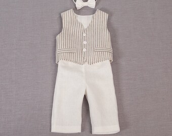 Baby boy ring bearer outfit boy baptism linen suit first birthday natural clothes rustic wedding striped fabric milk white formal SET of 3