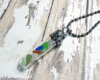 Soldered Glass Vial, Soldered Sea Glass Pendant, Glass Tube, Beach Pendant, Artisan Glass Necklace, Cobalt Blue, Amber, Seafoam Green
