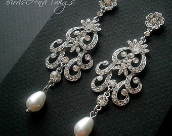 Bridal Chandelier Pearl Earrings Flower Scroll Wedding Classic White Swarovski Pearls And Crystal Rhinestones