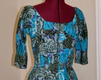 Blue Roses 1950s 50s Suzy Perette New Look Nipped Waist Dress