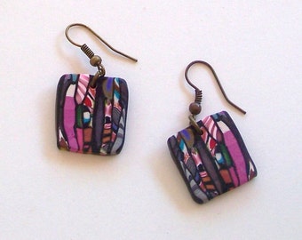 Pink and Black Square Lightweight Polymer Clay Earrings by Carol Wilson of Je t'adorn