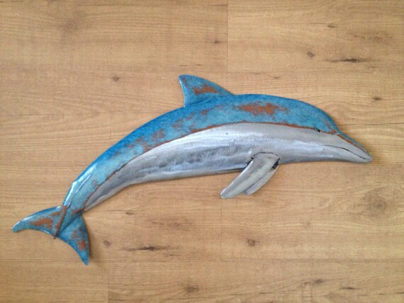 Dolphin Metal Wall sculpture 30in Long Tropical Beach Coastal ocean Art Fish