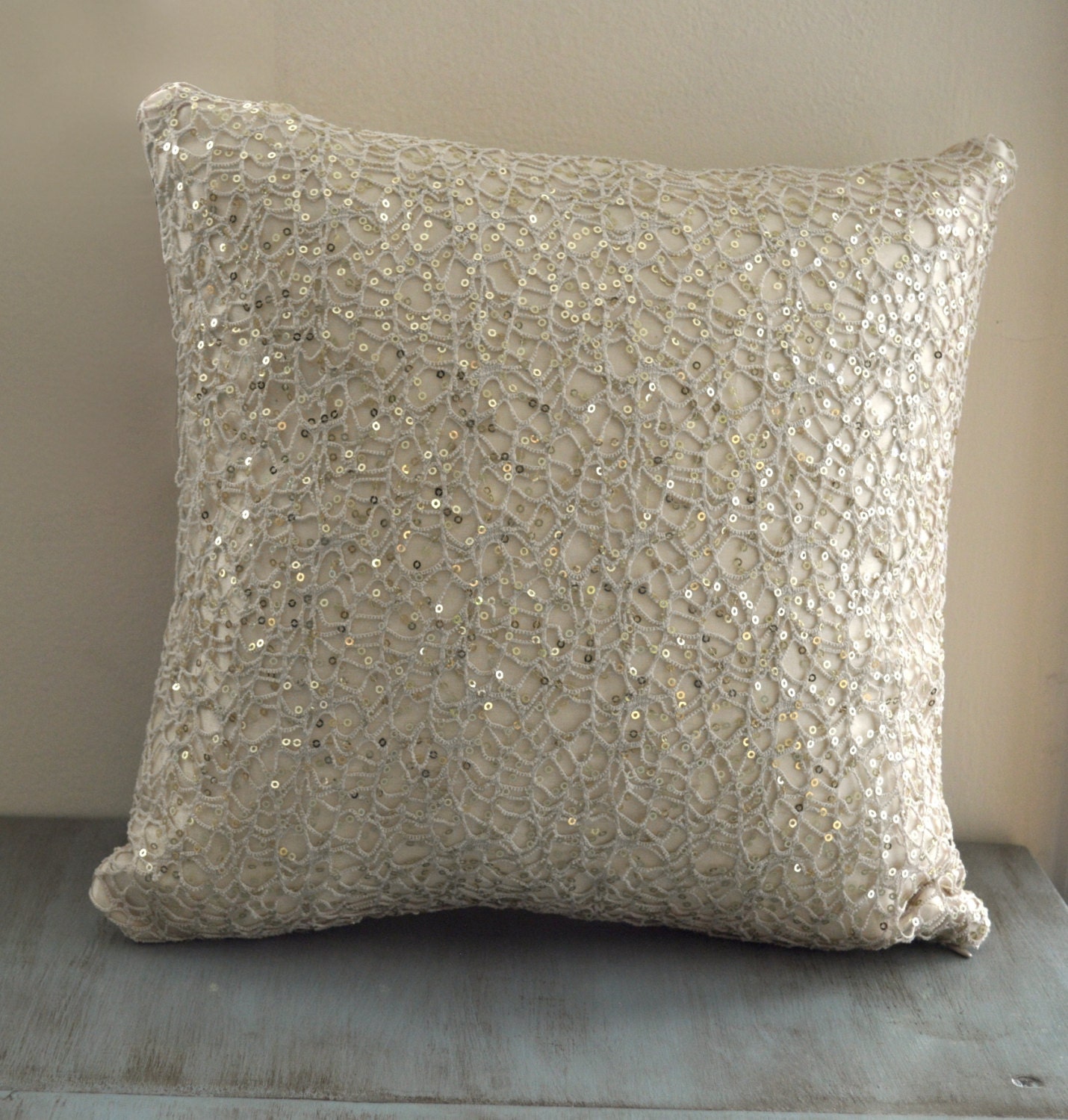 Large Reversible Neutral Decorative Pillow with Gold Sparkle