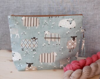 Knitting project bag, extra large, sheep project bag; knitting storage, sweater bag, crochet, yarn bag, zipper bag, uk, gift for knitter
