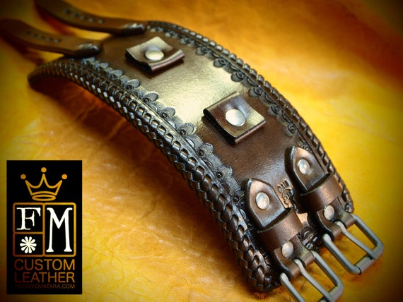 Leather cuff watch band - Vintage style, western stamped Rich Brown watchband - Best quality Made for YOU in USA by Freddie Matara
