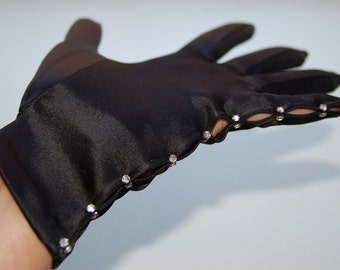 1950's black satin and rhinestone gloves by Kay Fuchs
