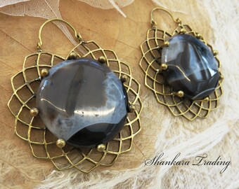 Tribal Brass Ear Weights, Geometry Tribal Earrings, Agate Earrings, Tribal Brass Earrings, Gypsy Hoop Earrings, Gemstone Earrings
