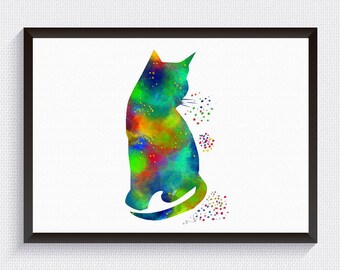 Cat Art Print, Cat Watercolor, Cat Wall Decor, Cat Wall Art, Cat Silhouette Print, Watercolor Cat, Cat Painting, Colorful Cat, 01-01