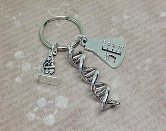 DNA Keyring, Science Keychain, Double Helix Keychain, DNA Keychain, Beaker Keyring, Microscope Keyring, Genetics Gift, DNA Strand,