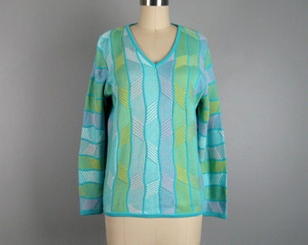Vintage 1980s Sweater 80s Colorful Cotton V Neck Pullover Sweater by Marcazzoni Italy Size L