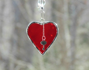 Key to my heart suncatcher, stained glass heart suncatcher ornament, key charm, Valentines gift, red heart gift