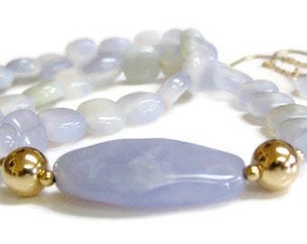 Blue Chalcedony Necklace and Earrings with 14K Gold Fill. Soft Periwinkle Blue Necklace Set. Elegant Summer or Wedding Jewelry. Gift For Her