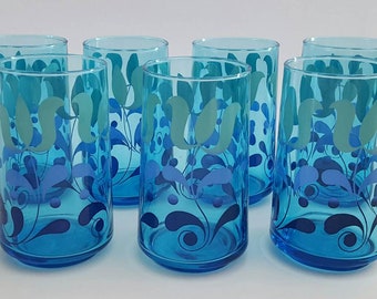 Retro Vintage 70s Drinking Tumblers/Glasses Blue Set of Seven (7)