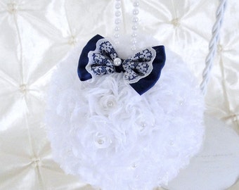 Flower Ball,White Rose, Kissing Ball, 5" Pomander Choose Bow Color Flower Girl Bouquet Bridesmaid Bouquet Free Hair Pin Wedding Flowers