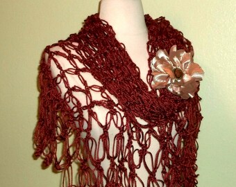 Crochet Shawl Triangle Bitteroot Rich Brown Lace Bridal Wedding Wrap Scarf Boho Summer Wrap With Brooch