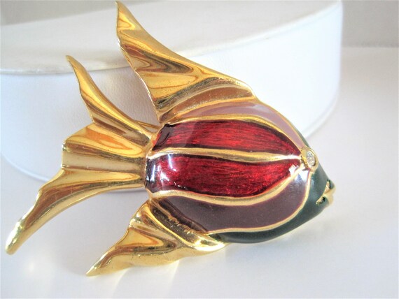 Fish Brooch, signed Gontie, Large Angel Fish, Colorful Enamel, #1446 Gold Tone