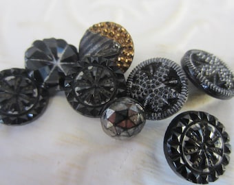 Vintage Buttons - lot of 8 jet black, pressed assorted designs Victorian, (jan 132-17)