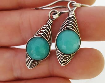 Wire sterling silver earrings/ teal green earrings silver/ green jade earrings handmade/ wrapped gemstone earrings/silver wire earrings wire
