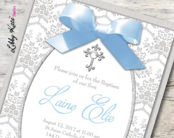 Boy Communion Invitation Boy First Communion Silver and Blue