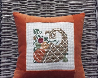 Cornucopia Pillow Vintage Style Handmade Orange Velvet Ticking Cross Stitch Rustic Primitive Folk Art Thanksgiving Fall Harvest Decoration