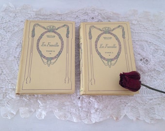 Vintage French books, 2 french books in mauve cream and green, decorative book bundle, book stack, Nelson books, French novels