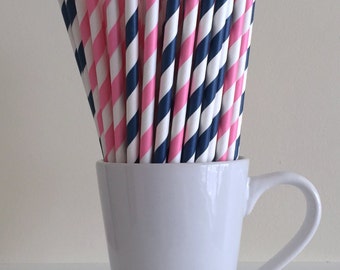 Pink and Navy Paper Straws Pink Navy Blue Striped Gender Reveal Party Supplies Party Decor Bar Cart Cake Pop Sticks Graduation Graduation
