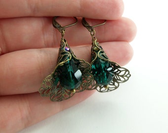 Green Earrings Dangle Earrings Brass Leverback Earrings Green Jewelry Victorian Style Filigree Earrings