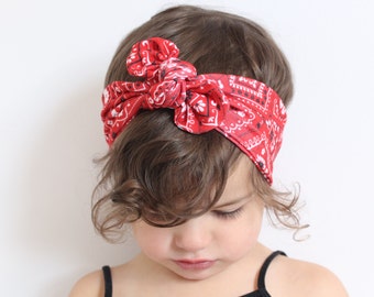 Red Bandana Headband, Baby Knot Headband, Baby Turban Head Wrap, Toddler Knotted Headband // Red Bandana Headwrap, KH-REDBANDANA