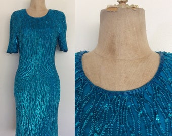 1980's Turquoise Sequin Evening Wiggle Dress Size XS Small by Maeberry Vintage