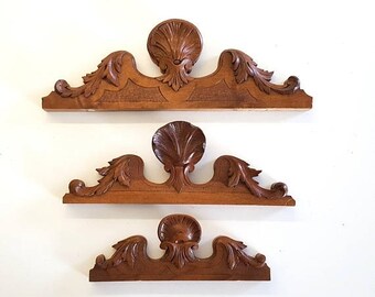 SALE 3 antique carved wood pediment French mount crest Architectural salvage 16.65 , 14.09 , 10.79 inches