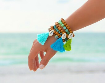 Beach Bracelet Set Boho Bracelet Beach Boho Bracelet Beaded Bracelet Shell Bracelet Beach Jewelry Boho Jewelry Tassel Wood Bracelet Jewelry