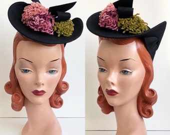RESERVED | 1930's Inky Black Wool Felt Suiter Tilt Hat with Green Purple & Pink Velvet Pom Poms and Felt Bow Detail