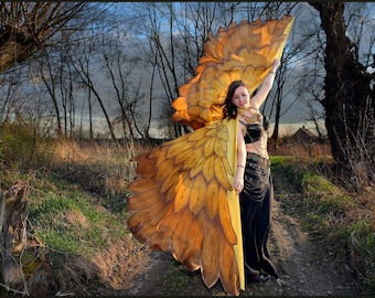 Gold bird wings. Unique hand painted silk feathers belly dance wings made to order.