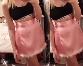 Satin mini skirt with fur trim