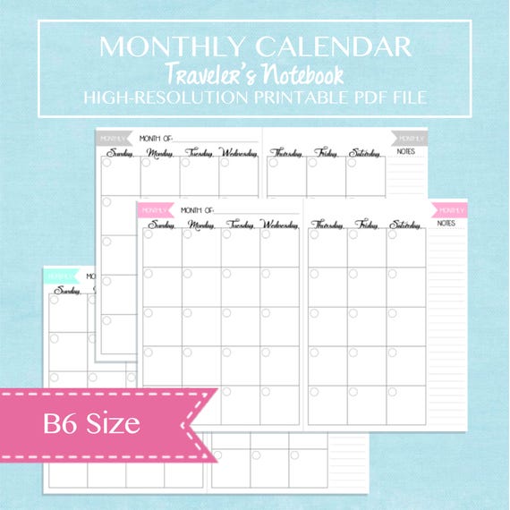 B6 Size Monthly Printable Planner Insert Undated MO2P Month