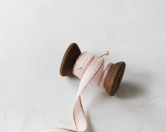 Blush Pink + Rose Gold Metallic Edge Drittofilo Cotton Ribbon (with Wooden Spool) - 5 yards - 3/8" wide